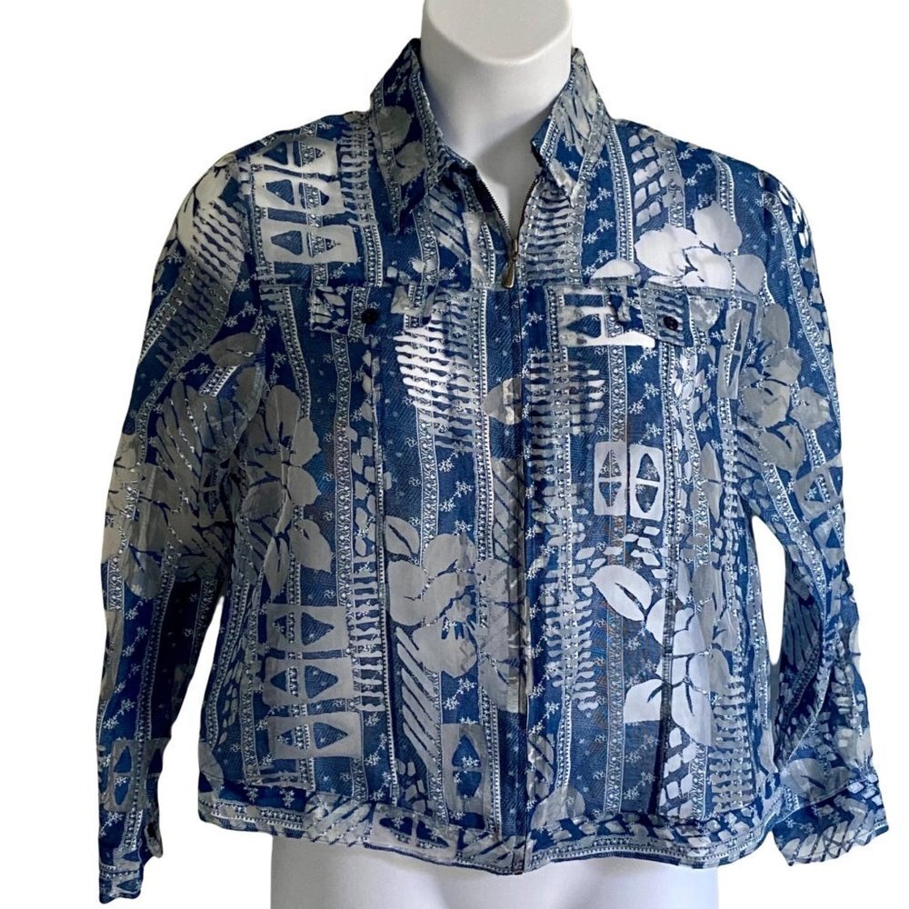 Notations Sheer Long Sleeve Blue Blouse with Full Front Zipper Petite Large